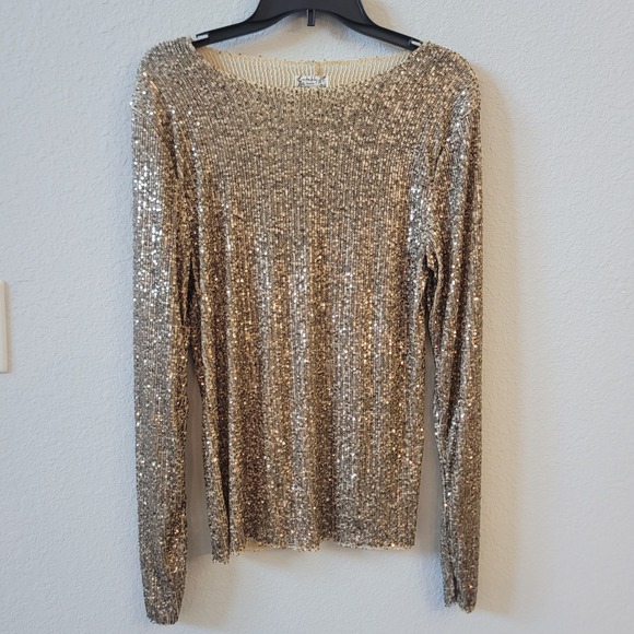 Intimately Free People Tops - Intimately Free People Size Medium Sequin Top Women Gold Long Sleeve Mesh Glam